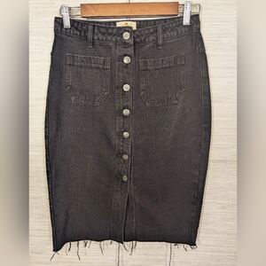 Marine Layer Black Button-Front Denim Pencil Midi Skirt 26 100% Cotton Knee